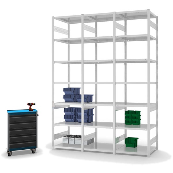 PROREGAL Fachbodenregal Stecksystem T-Profil Light-Duty Grundregal HxBxT 300 x 75 x 60 cm 7 Ebenen Fachlast 140 kg Beidseitig Nutzbar Lichtgrau