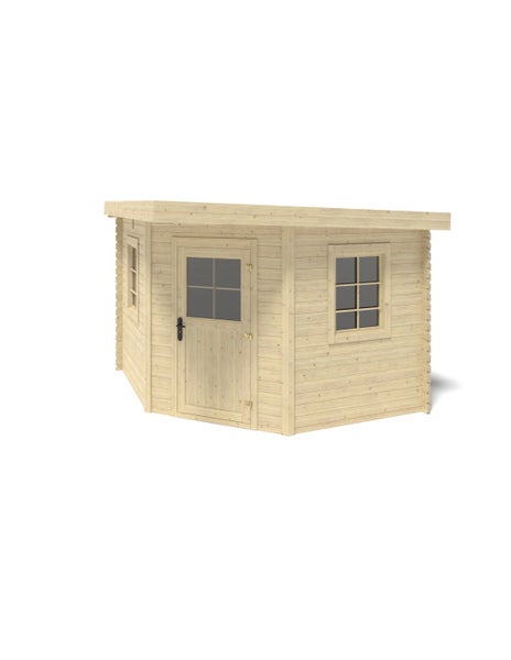 Gartenhaus aus naturbelassenem Holz mit Pultdach, einer Einzeltür mit Fenster und zwei Sprossenfenstern, Eck-Eingang.