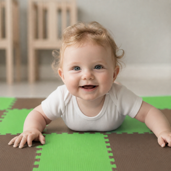 Ein lächelndes Baby liegt auf einer Puzzlematte aus Schaumstoff mit ineinandergreifenden Elementen.