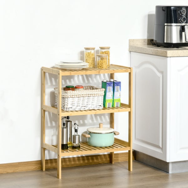 HOMCOM Badregal Standregal mit 3 Ebenen, Bambusregal, Küchenregal, für Bad, Küche, Wohnzimmer, Flur, Natur, 62 x 33 x 80 cm