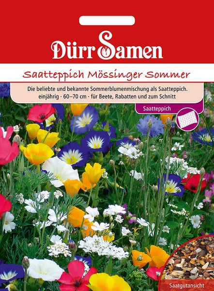 Dürr Samen Saatteppich Mössinger Sommer, einjährige Sommerblumenmischung, Wuchshöhe circa 60 bis 70 Zentimeter. Dürr Samen Logo.