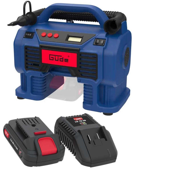 Güde Akku-Kompressor-Set mit 18 Volt 2,0 Amperestunden Lithium-Ionen-Akku und Ladegerät. Tragbare Luftpumpe mit digitalem Display.