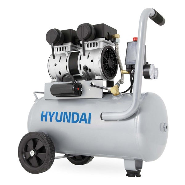 Mobiler Hyundai Luftkompressor mit horizontalem Tank, Zweizylindermotor, zwei Rädern und Transportgriff.