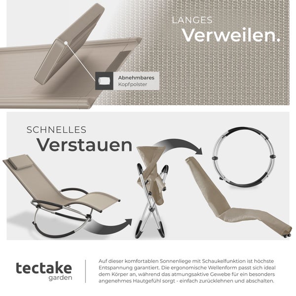 tectake garden Logo. Sonnenliege mit Schaukelfunktion, ergonomischer Wellenform, abnehmbarem Kopfpolster und Klappmechanismus zum Verstauen.
