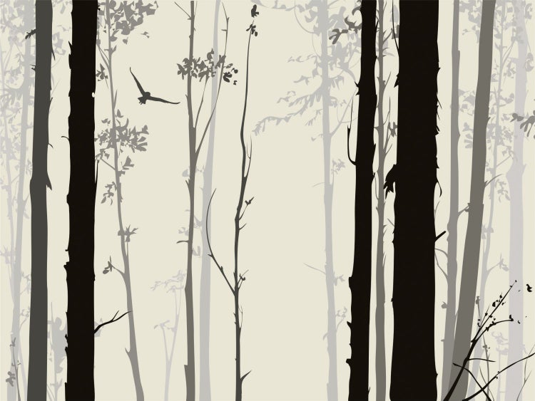 Waldtapete mit Baumdarstellung und Vogelsilhouette