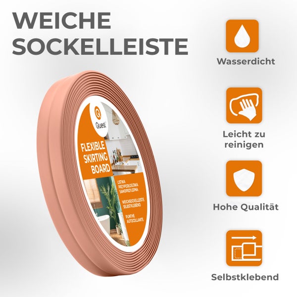 Flexible, selbstklebende Sockelleiste auf Rolle von Quest mit Symbolen für Wasserdichtigkeit, einfache Reinigung, hohe Qualität und Selbstklebung.