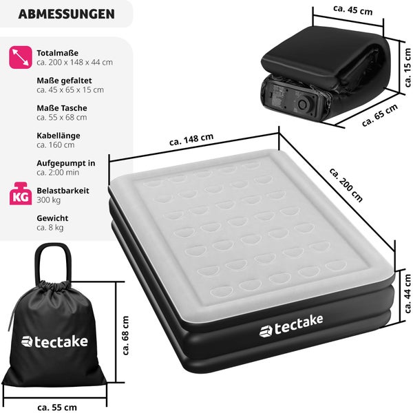 Aufblasbare Matratze tectake AirDreams inkl. manuellem Ventil und Tragebeutel für 1 oder 2 Personen schwarz/weiß