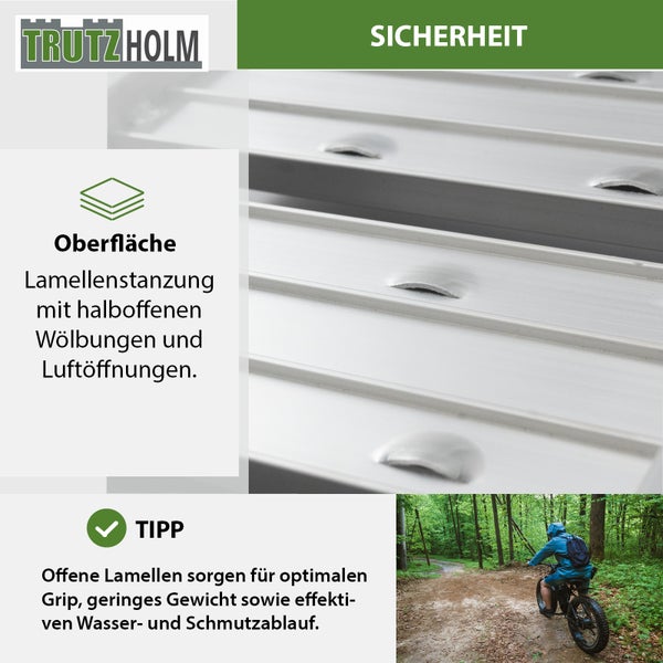 Trutzholm Logo, Detailansicht einer Metalloberfläche mit Lamellenstanzung für Sicherheit, Grip und Wasserablauf, Radfahrer im Wald.