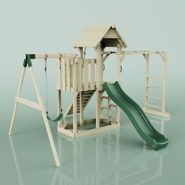 Holzspielplatz mit Schaukel, Rutsche, Kletterwand und Spielhaus für Kinder