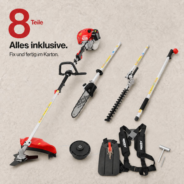 Hecht 8-teiliges Benzin-Multifunktions-Gartengeräte-Set inklusive Motorsense, Hochentaster, Heckenschere, Verlängerung, Tragegurt und Werkzeug.