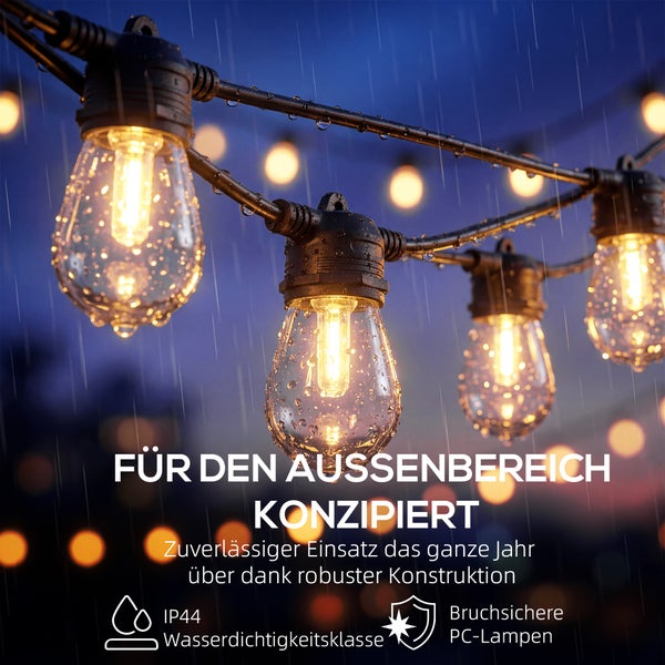 Wetterfeste LED-Lichterkette für den Außenbereich, IP44 wasserdicht und bruchsicher, warmweißes Licht im Regen.