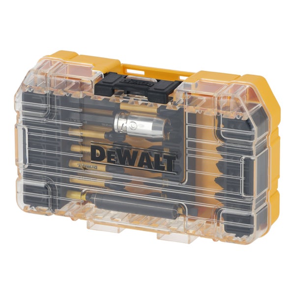 DeWalt Bitset in einer gelben Kunststoffbox mit transparentem Deckel und verschiedenen Schrauberbits.