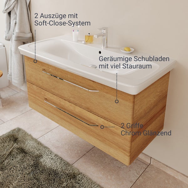 FACKELMANN MILANO Badmöbel Set 2 Teile – Waschtisch mit Unterschrank fürs Badezimmer – Waschbeckenunterschrank mit Schubladen in Holz braun – Badschrank hängend – 100 cm breit