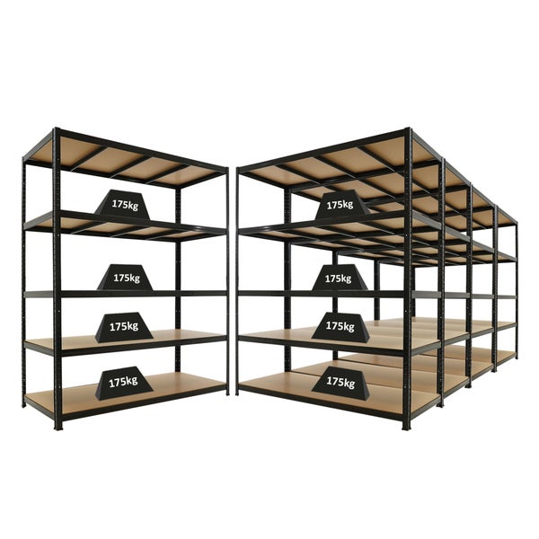 Mehrere schwarze Schwerlastregale aus Metall mit Holzböden, Traglast pro Boden einhundertfünfundsiebzig Kilogramm, Steckregal für Keller.