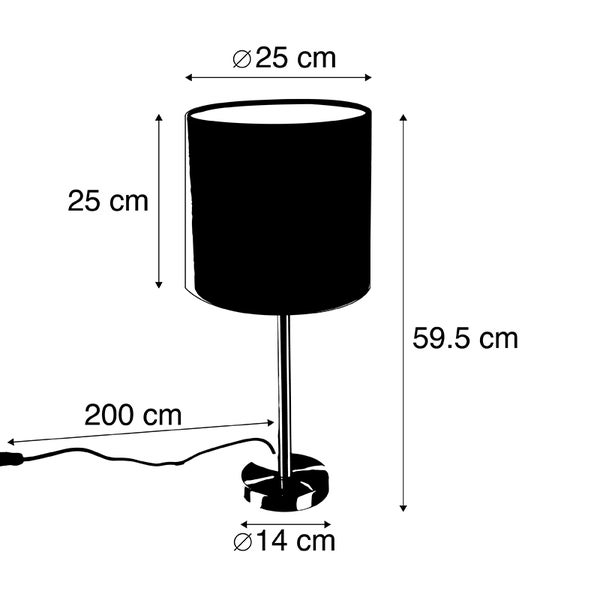 Abmessungen einer Tischleuchte: Höhe 59,5 cm, Lampenschirmdurchmesser 25 cm, Lampenschirmhöhe 25 cm, Fußdurchmesser 14 cm, Kabellänge 200 cm