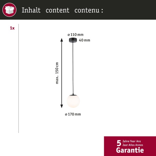 Ein Stück: Pendelleuchte, Länge maximal 150 Zentimeter, Schirm Durchmesser 170 Millimeter, Baldachin Durchmesser 110 Millimeter, 5 Jahre Garantie.