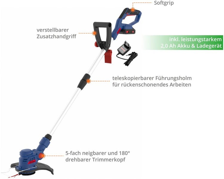 Güde Akku-Rasentrimmer mit Softgrip, verstellbarem Griff, Teleskopstiel, 5-fach neigbarem und 180 Grad drehbarem Kopf, 2,0 Amperestunden Akku und Ladegerät.