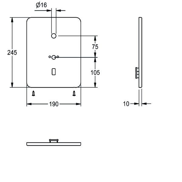 Maßzeichnung einer rechteckigen Platte, Höhe 245 Millimeter, Breite 190 Millimeter, Tiefe 10 Millimeter, Bohrungsdurchmesser 16 Millimeter.