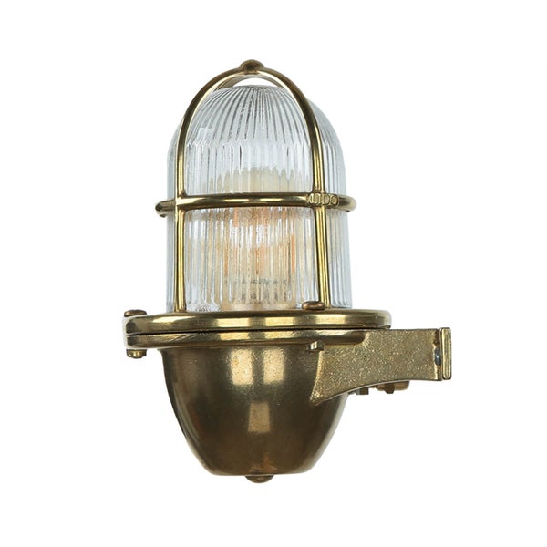 Messingfarbene Schiffslampe mit klarem, geriffeltem Glas