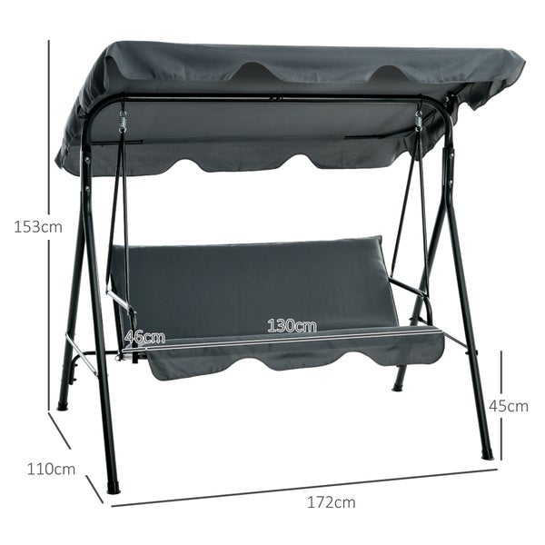 Outsunny Hollywoodschaukel mit Sitzpolster, 3-Sitzer Gartenschaukel mit verstellbarem Sonnendach, Schaukelbank belast bis 240 kg, für Garten, Terrasse, 172 x 110 x 153 cm, Grau