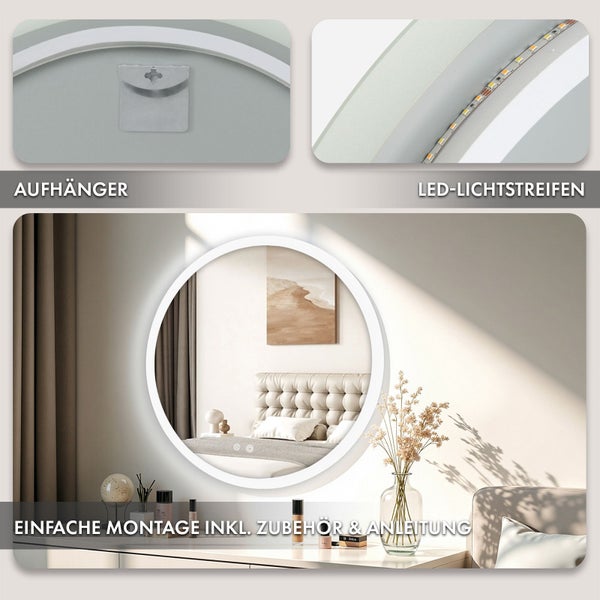 Floordirekt Badspiegel Liora mit LED-Beleuchtung Touch-Bedienung Weiß Ø 70 cm