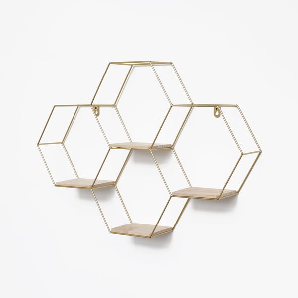 Vierfach sechseckiges Wandregal aus Metall - 40,5 x 58 cm - Gold