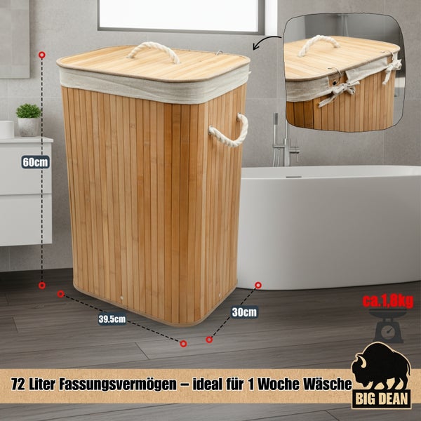 Badezimmer Szene mit einem rechteckigen Wäschesammler aus Bambus mit Deckel und Seilgriffen