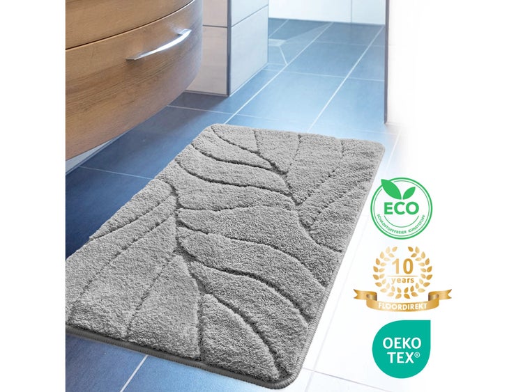 FLOORDIREKT Badematte Maris - Flauschiger Badvorleger mit Blattstruktur - Silber - 80 x 150 cm