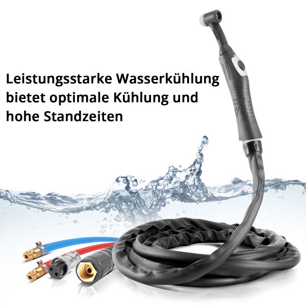 Wassergekühlter WIG-Schweißbrenner mit Schlauchpaket und Anschlüssen für Kühlwasser und Gas.