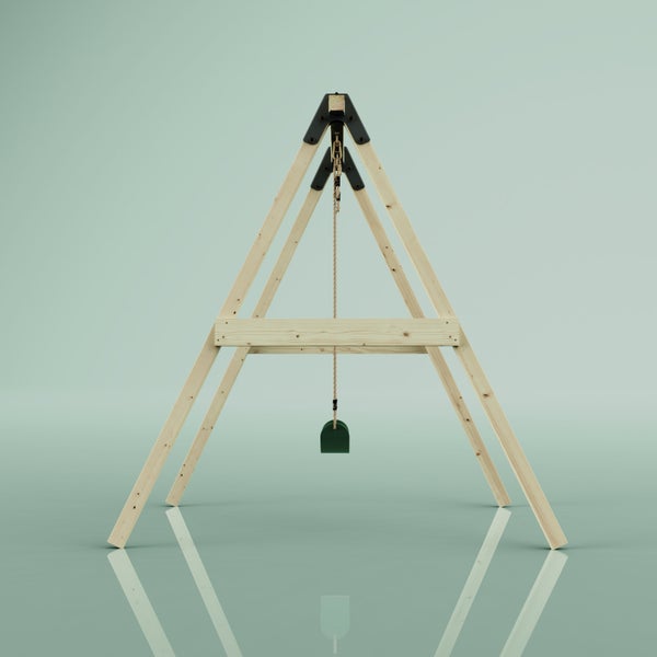 Einzelschaukel aus Holz in A-Form mit einem grünen Sitz an einem Seil.