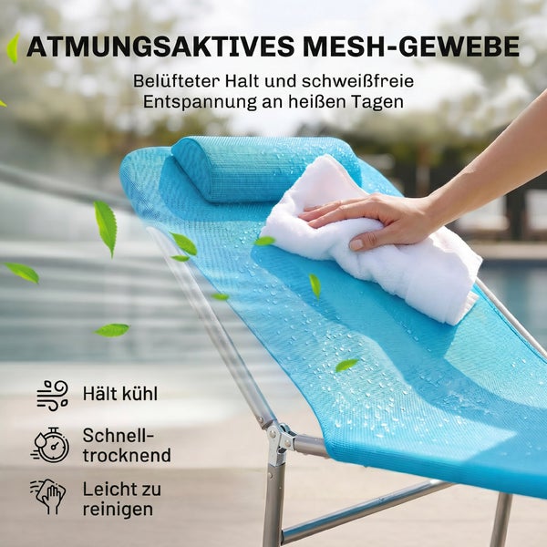 Sonnenliege mit atmungsaktivem Mesh-Gewebe, schnelltrocknend und leicht zu reinigen. Eine Hand wischt das feuchte Material mit einem Tuch ab.
