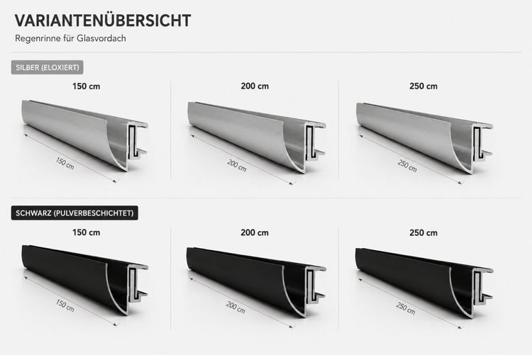 Variantenübersicht für Regenrinnen für Glasvordächer in Silber eloxiert und Schwarz pulverbeschichtet, Längen 150, 200 und 250 Zentimeter.