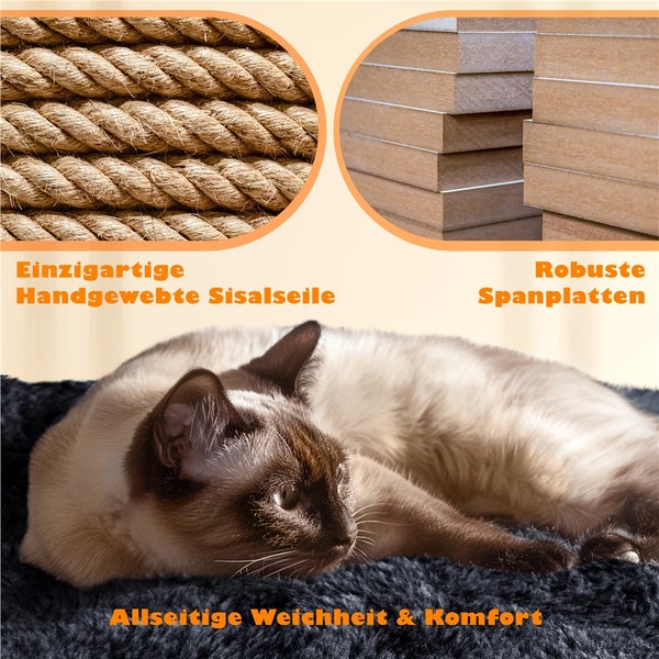 Nahaufnahme von handgewebtem Sisalseil, robusten Spanplatten und einer Katze, die auf einem weichen Untergrund liegt.