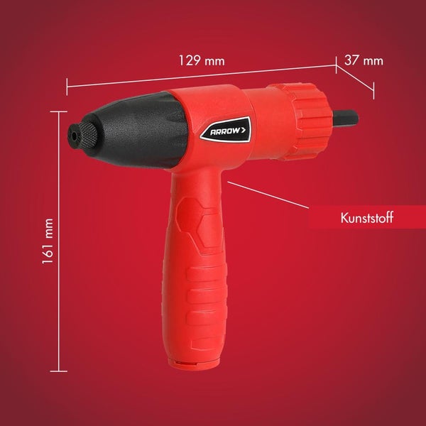 Arrow Blindnietzange aus Kunststoff in Rot und Schwarz, Höhe 161 Millimeter, Länge 129 Millimeter, Breite 37 Millimeter.