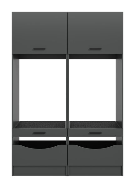 Küchenschrank-Kombination in Anthrazit mit Oberschränken, Gerätefächern und Schubladen.