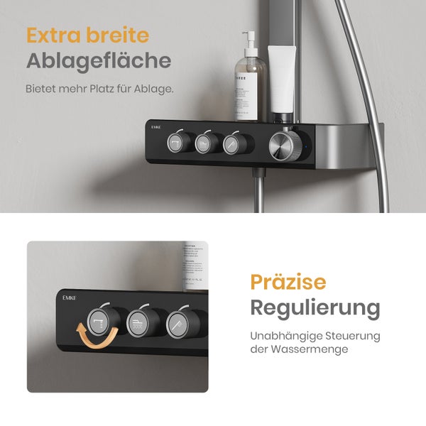 EMKE Duschsystem Thermostatmischer, Dreifunktionsbrause Gewehrgrau, 360×485×1120 mm