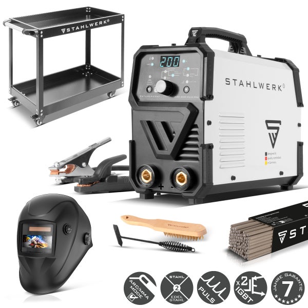 Stahlwerk ARC 200 Puls Pro Schweißgerät Set mit Schweißwagen, Automatikhelm, Elektroden und Zubehör. Stahlwerk Logo und sieben Jahre Garantie.