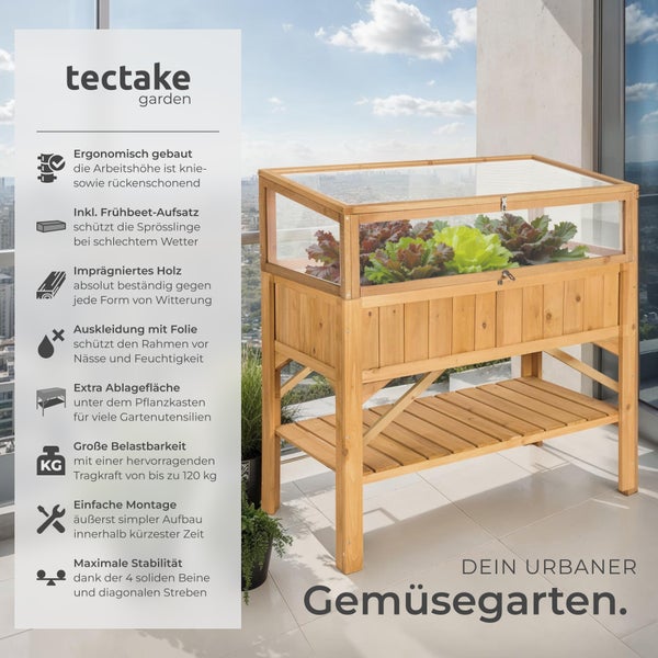 Hochbeet aus Holz mit Frühbeetaufsatz von Tectake auf einem Balkon