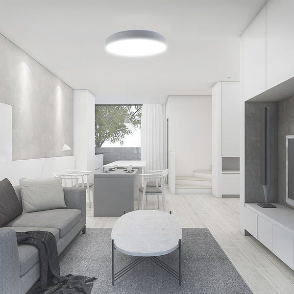 Helles Wohnzimmer mit Deckenleuchte, Sofa und Esstisch