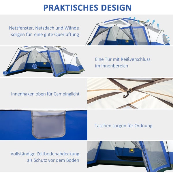 Outsunny Campingzelt, Kuppelzelt mit Vorraum, 2 Fenster,  518 x 487 x 237 cm , PU3000mm Glasfaser,Blau