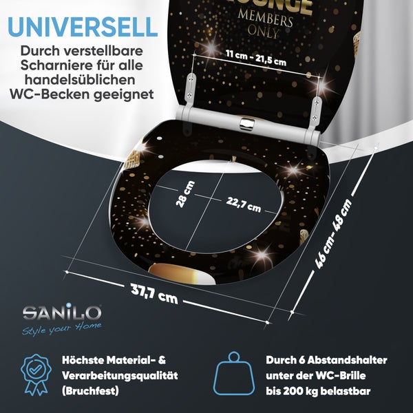 Sanilo WC-Sitz mit Lounge-Design, verstellbaren Scharnieren, bruchfest, Belastbarkeit 200 Kilogramm, Maße 37,7 mal 46 bis 48 Zentimeter. Sanilo Logo.