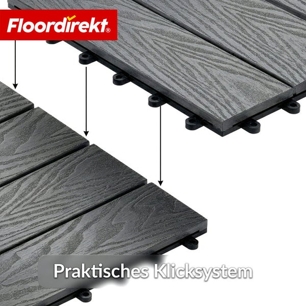 Floor direkt Logo. Detailansicht von ineinandergreifenden Terrassenfliesen mit praktischem Klicksystem.