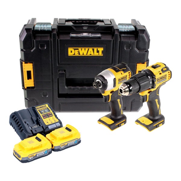 DeWalt Akku Werkzeugset mit Schlagbohrschrauber, Schlagschrauber, zwei Akkus, Ladegerät und Transportkoffer.