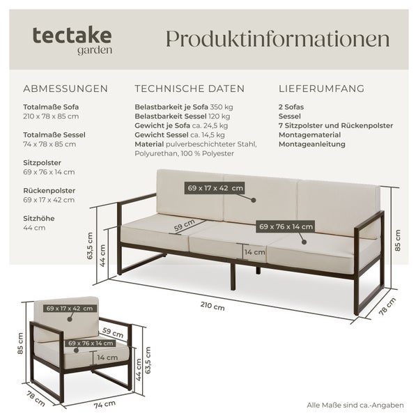 Garten-Loungeset tectake Comosa höhenverstellbare Füße für 7 Personen, Dicke der Sitzpolster 14 cm braun/beige