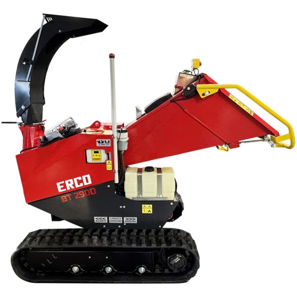 Erco BT 2900 professioneller Raupenhäcksler mit Kettenfahrwerk, großem Einfülltrichter und verstellbarem Auswurftrichter.