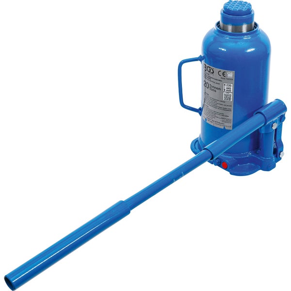 Blauer BGS Hydraulischer Stempelwagenheber aus Metall mit einer Tragkraft von 20 Tonnen und einer Hubhöhe von 235 bis 445 Millimeter.