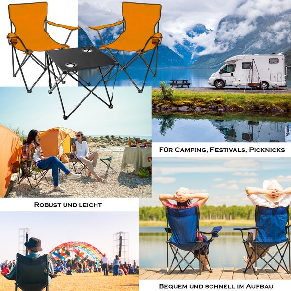 BigDean 2 Stück Campingstuhl mit Campingtisch faltbar – Faltstuhl in Neon Orange mit Getränkehalter & Tragetasche ideal für Camping, Festival & mehr