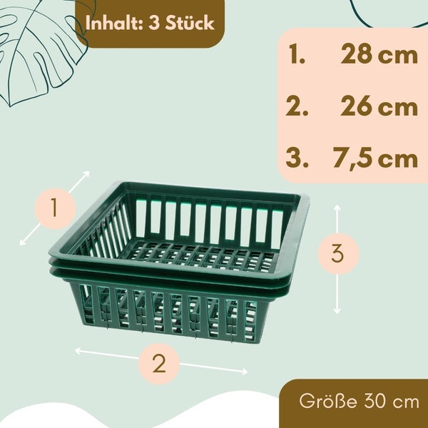 Set mit drei grünen Pflanzkörben mit den Maßen 28 cm mal 26 cm mal 7,5 cm