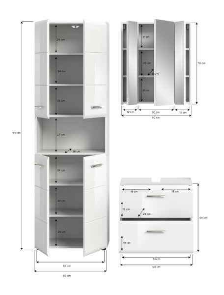 Dreiteiliges Badezimmermöbel-Set mit Hochschrank, Spiegelschrank und Waschbeckenunterschrank inklusive detaillierter Maßangaben in Zentimeter.