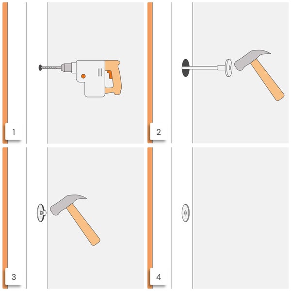 Illustration einer Türschlossmontage mit Bohrmaschine und Hammer in vier Schritten